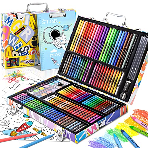 POPYOLA Art Supplies, 180 Piece Drawing Painting Art Kit with Clipboard and Coloring Papers, Gifts Art Set Case with Oil Pastels, Crayons, Colored Pencils, Watercolor Cakes