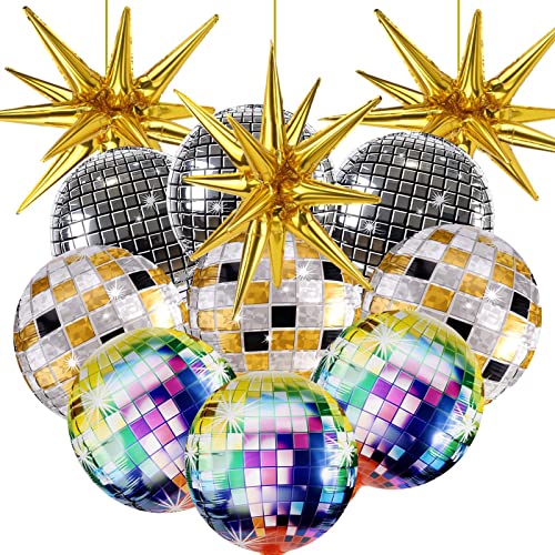 Cadeya 12 Pcs Disco Ball Balloons, Huge Gold Explosion Star Aluminum Foil Balloons for Birthday, Bachelorette Party, 70s 80s 90s Theme Disco Party Decorations Supplies