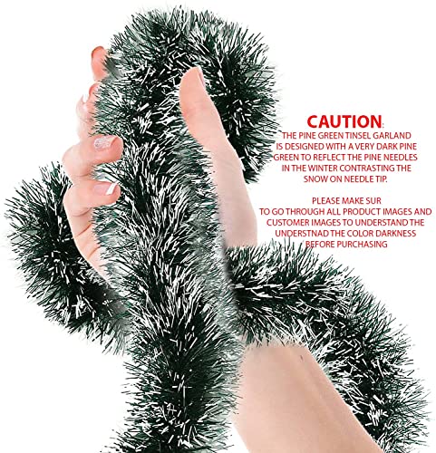 Christmas Tree Pine Green Frost Tip Tinsel Garland Snowy Metallic Streamers Green White Tinsel Garland Celebrate a Holiday Party Ceiling Hanging Decors Indoor and Outdoor Disco Party Supplies