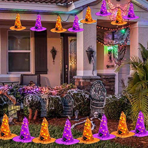 Twinkle Star Halloween Decorations 8 Pcs Lighted Hanging Witch Hats, 14ft 56 LEDs Halloween Indoor Outdoor Remote Control String Lights, Battery Powered with 8 Lighting Modes for Garden, Yard, Tree