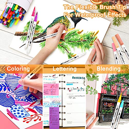 Caliart 34 Double Tip Brush Pens Art Markers, Artist Fine & Brush Pen Coloring Markers for Kids Adult Book Halloween Journaling Note Taking Lettering Calligraphy Drawing Art Craft Supplies Kit