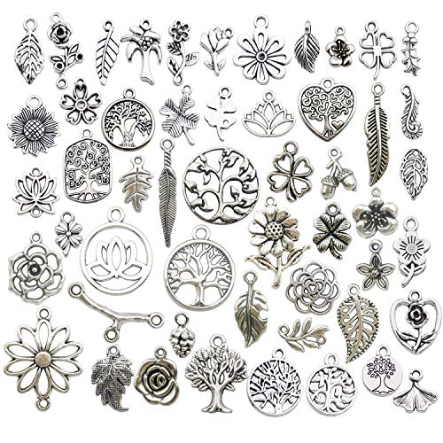 Youdiyla 100pcs Mix Silver Tree Flower Charms Collection, Bulk Mini Small Little Charms Metal Pendant Craft Supplies Findings for Necklace and Bracelet Jewelry Making (HM291)