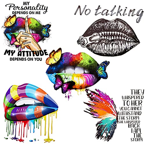 5 Pieces Butterfly Lip Iron on Patches Iron on Decals Clothing Butterfly Heat Transfer Colorful Lip Decals Washable Butterfly Lip Transfer Sticker for DIY Jacket T-Shirt Jean Hat Backpack Decoration