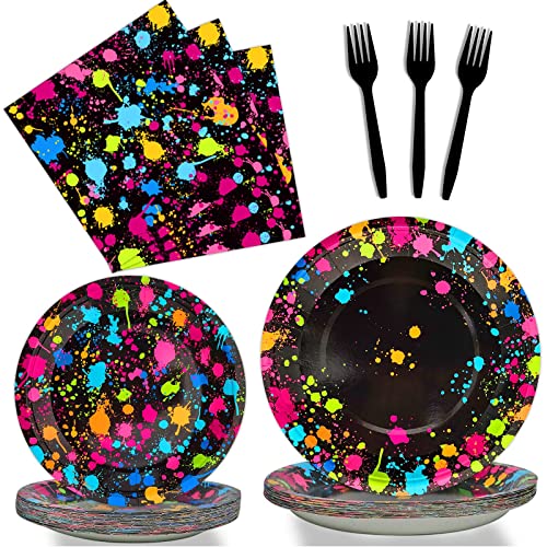 Neon Party Supplies for 24 Guests Glow Party Plates Napkins Tableware Neon Glow Birthday Colorful Graffiti Party Decoration Favor，96 Pieces