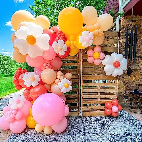 155Pcs Daisy Balloon Arch Garland Kit Macaron Pink Yellow Retro Orange White Heart Balloons with Plum Clip Daisy Shaped Flower for Two Groovy Party Decor Daisy Theme Wedding Birthday Baby Shower