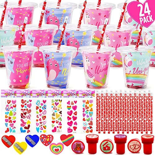 Valentines Day Gifts for Kids - 24 Pack Valentines Day Stationery Gift with Cards Pencils Stickers Erasers Stampers Sharpener Cups Classroom Prize School Exchange Boys Girls Party Favors