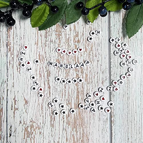 WangLaap 1450Pcs Letter Beads, Acrylic 4x7mm Round Letter Beads Kits, Alphabet Beads A-Z and Red Heart Black Star Beads for Bracelets Necklaces DIY Jewelry Making (White)