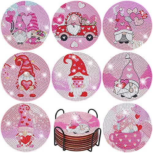 XEFINAL 8 PCS Valentines Day Diamond Paintings Coasters Diamond Painting Coasters with Iron Holder, DIY Gnome Diamond Painting Kit for Adults & Kids Diamond Art Craft Supplies Valentines Decorations