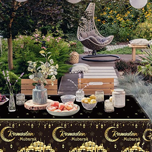 3pcs Ramadan Mubarak Tablecloths Eid Mubarak Party Table Decorations Ramadan Kareem Party Decorations Supplies Black and Golden Rectangle Table Cover for Eid Al-fitr Dinning Room Party Favors