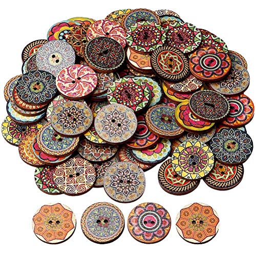 100 Pcs Mixed Color Wood Buttons, EUBags 1 Inch Natural Round Shapes Retro Buttons, Vintage Buttons with 2 Holes for DIY Sewing Crafts (1inch)