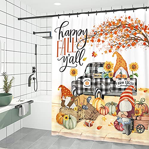 Bonsai Tree Fall Shower Curtain for Bathroom, Autumn Pumpkins Waterproof Bath Curtains, Gnomes Buffalo Plaid Truck Maple Leaves Farmhouse Decor Fabric Seasonal Shower Curtains with Hooks, 72"x72"