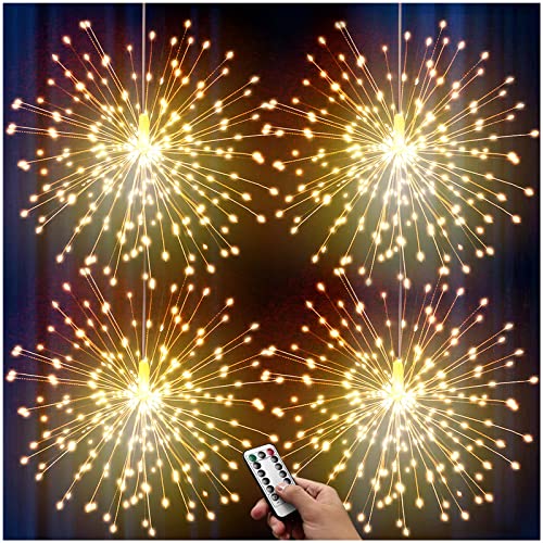 DenicMic Firework Lights 4 Pack Starburst Lights 120 LED 8 Mode Battery Operated Chandelier Star Lights with Remote, Hanging Christmas Decorations Indoor