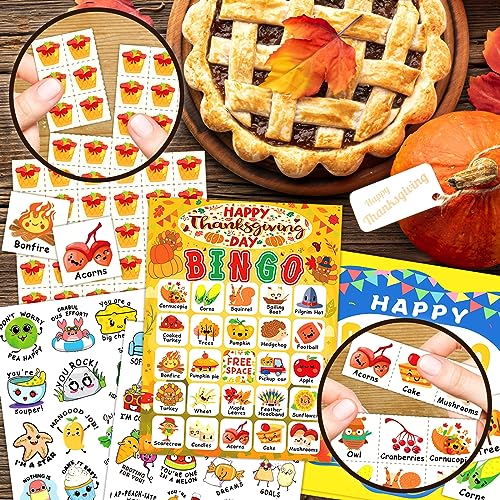 24 Players Thanksgiving Bingo Cards, Thanksgiving Bingo Game for Kids with Punny Stickers Fall Festival Bingo Sets Classroom Family Party Game Holiday Activities