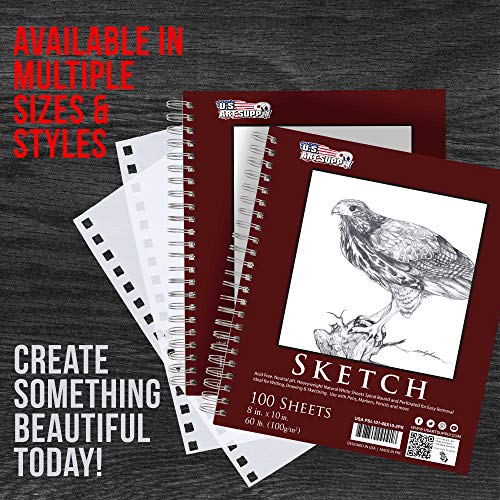 U.S. Art Supply 8" x 10" Sketch Book Pad, Pack of 2, 100 Sheets Each, 60lb (100gsm) - Spiral Bound Artist Sketching Drawing Paper Pad, Acid-Free - Graphite Colored Pencils, Charcoal - Adults, Students
