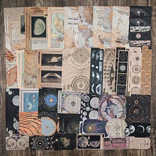 Knaid Vintage Scrapbook Supplies Pack (200 Pieces) for Witchy Junk Journal Bullet Journals Planners Space Moon Paper Stickers Craft Kits Collage (Celestial)