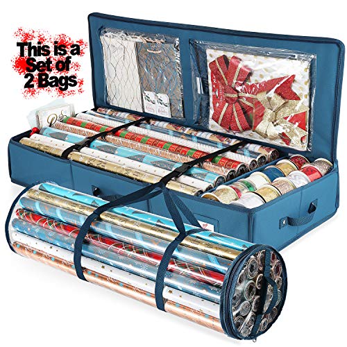 Hearth & Harbor Wrapping Paper Storage Container - Christmas Storage Bag with Interior Pockets - Gift Wrapping Organizer Storage Fits Up to 36 Rolls of 40" - Tear Proof Wrapping Paper Organizer