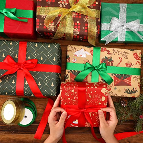 DECYOOL 4 Rolls 100 Yards Christmas Ribbons 1Inch Wide Holiday Satin Ribbons for Gift Wrapping and DIY Craft, Red & Green