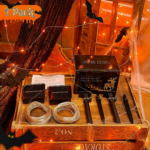 Ｗoohaha Solar Halloween Lights Outdoor,2 Pack Each 33Ft 100LED Orange Halloween Lights,Copper Wire Solar Powered Fairy String Lights 8 Modes for Garden,Tree,Thanksgiving,Christmas,Parties,Home Decor