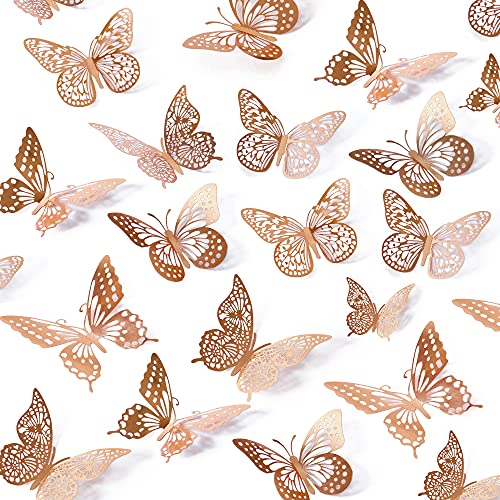 SAOROPEB 3D Butterfly Wall Decor, 48 Pcs 4 Styles 3 Sizes, Removable Metallic Wall Sticker Room Mural Decals for Kids Bedroom Nursery Classroom Party Decoration Wedding Decor DIY Gift (Rose Gold)