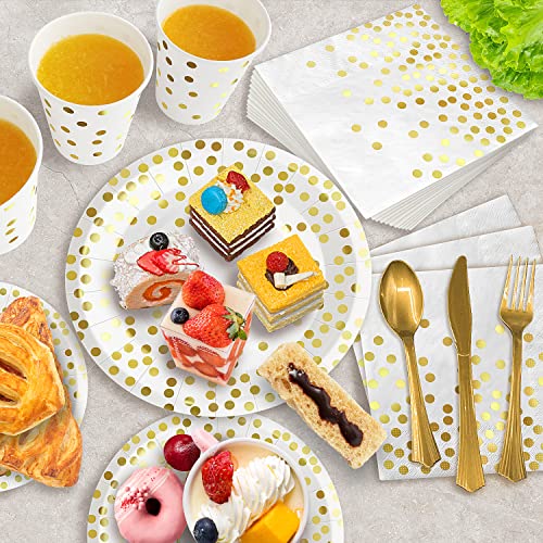 AIRE 350PCS White and Gold Plastic Dinnerware Set, Includes 9" Dinner Plates, 7" Dessert Plates, 9oz Cups, Napkins, Forks, Knives, Spoons