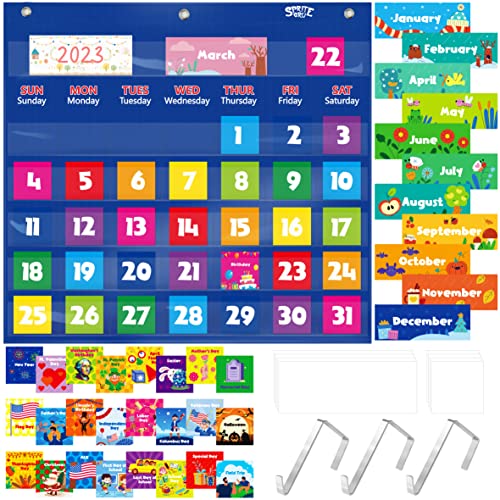 Calendar Pocket Chart, Classroom Monthly Pocket Chart with 76 Cards (68 Illustrated Activity Cards, 8 Dry Erase Blank Cards) Plus 3 Over Door Metal Hangers for Classroom Home Preschool (20" x 19")