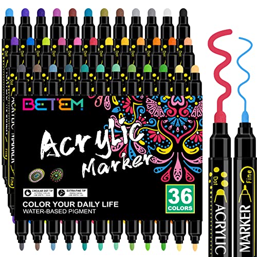 Betem 36 Colors Dual Tip Acrylic Paint Pens Markers, Premium Acrylic Paint Pens for Wood, Canvas, Stone, Rock Painting, Glass, Ceramic Surfaces, DIY Crafts Making Art Supplies