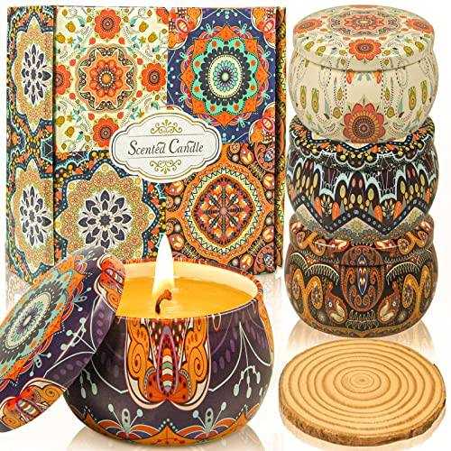 4 PCS Scented Candles Gifts Set for Women：Vanilla Lavender Rose Jasmine 100% Soy Wax with 8% Strongly Fragrance Essential Oils 4.4 oz for Stress Relief or Christmas Birthday Mother's Day
