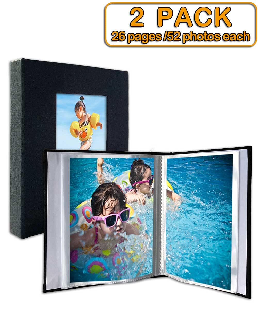 GPIRAL 4x6 Black Linen Photo Album with Clear Pages, Front Window for Personalization, 2 Pack