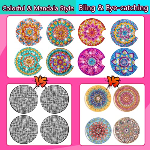 8 Pcs Diamond Art for Car Coasters, BSRESIN 2.8 Inches Diamond Painting Coasters, Mandala Diamond Art Coasters Small Diamond Painting Kits Supplies, DIY Crafts for Adults