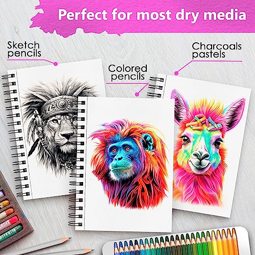 ARTISTO 5.5X8.5” Premium Sketch Book Set, Pack of 3 (300 Sheets), 68lb (100g/m2), Spiral Bound, Acid-Free Drawing Paper, Perfect for Most Dry Media