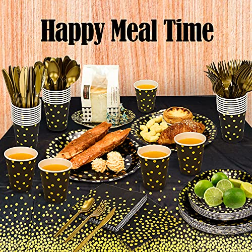176 Pieces Gold Disposable Party Dinnerware Set &Golden Dot Disposable Party Dinnerware - Black Paper Plates Napkins Cups, Gold Plastic Forks Knives Spoons