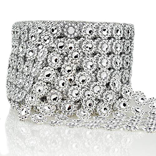 Bling Rhinestone Diamond Flower Shape Mesh Ribbon Wrap,Storystore Silver Acrylic Bling Diamond Wrap Ribbon for Wedding, Cake, Vase Decorations, Party Supplies(1 Roll, 30Ft,6 Rows)(Silver Flower Shape)