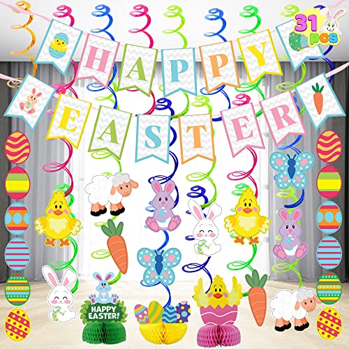 JOYIN 31 PCS Easter Decorations Egg Bunny Foil Swirl Party Hanging Decoration huge Value Kit for Easter and Themed Party Decoration bid