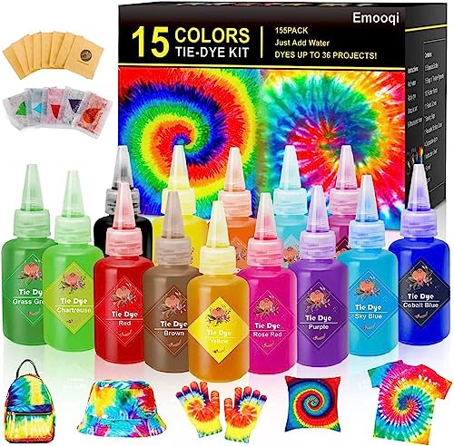 DIY Tie Dye Kits, Emooqi 15 Colours Vibrant Tie Dye Kits with Rubber Bands Gloves Sealed Bag Apron and Table Covers for Arts and Crafts Fabric Textile Party DIY Handmade Project