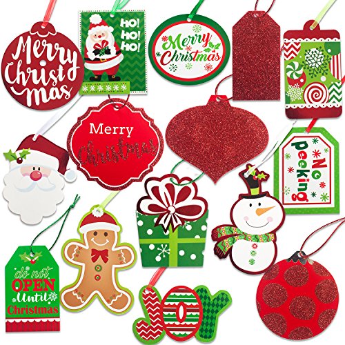 Christmas Gift Tags 60 Count with Untied String (15 Assorted Glitter, Foil, printed designs for DIY Xmas Present Wrap and Label Package Name Card)