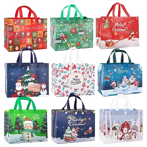 CVNDKN Christmas Gift Bags,9 Pcs Christmas Tote Bags with Handles for Shopping,Grocery Bags,Gifts Wrapping,Christmas Party Supplies Decorations,12.7"*9.8"*6.7" Reusable Gift Bags.