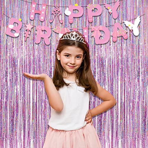 Pink Tinsel Curtain Party Backdrop - GREATRIL Foil Fringe Curtain Lilac Pink Party Streamers for Birthdays Girl Princess Bachelorette Euphoria Theme Party Decorations - 2 Packs