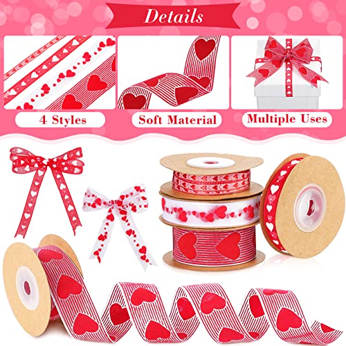4 Rolls Valentine's Day Wired Ribbon Heart Wired Edge Ribbon Printed Heart Ribbon Polyester Wrapping Ribbon for DIY Craft Wrapping Wedding Valentine's Day Decoration, 11 Yards, 5.5 Yards