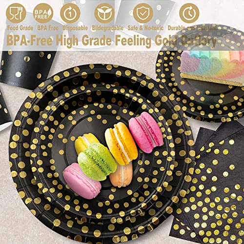 175PCS Black and Gold Party Supplies, Severs 25 Disposable Party Dinnerware Gold Plastic Forks Knives Spoons and Golden Dot Black Paper Plates Black Napkins Cups for New Years Graduation Birthday