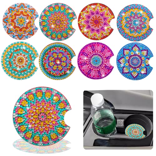 8 Pcs Diamond Art for Car Coasters, BSRESIN 2.8 Inches Diamond Painting Coasters, Mandala Diamond Art Coasters Small Diamond Painting Kits Supplies, DIY Crafts for Adults