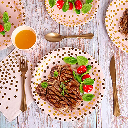 210 Piece Golden Dot Disposable Party Dinnerware Set 30 Guest -Pink Paper Plates Napkins Cups,Gold Plastic Forks Knives Spoons,FOCUSLINE Pink and Gold Party Supplies for Graduation Birthday Wedding