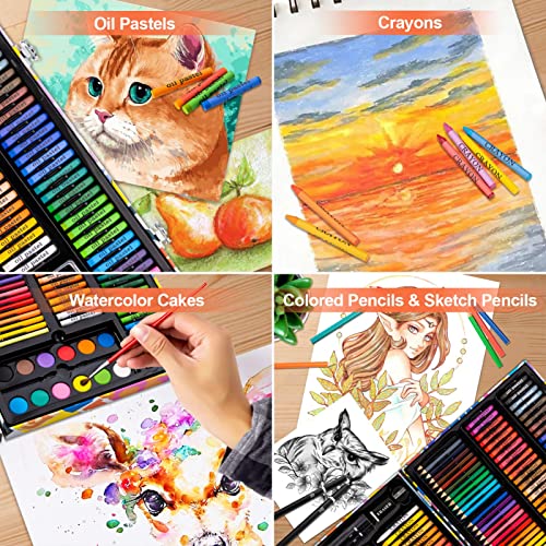 POPYOLA Art Supplies, 180 Piece Drawing Painting Art Kit with Clipboard and Coloring Papers, Gifts Art Set Case with Oil Pastels, Crayons, Colored Pencils, Watercolor Cakes