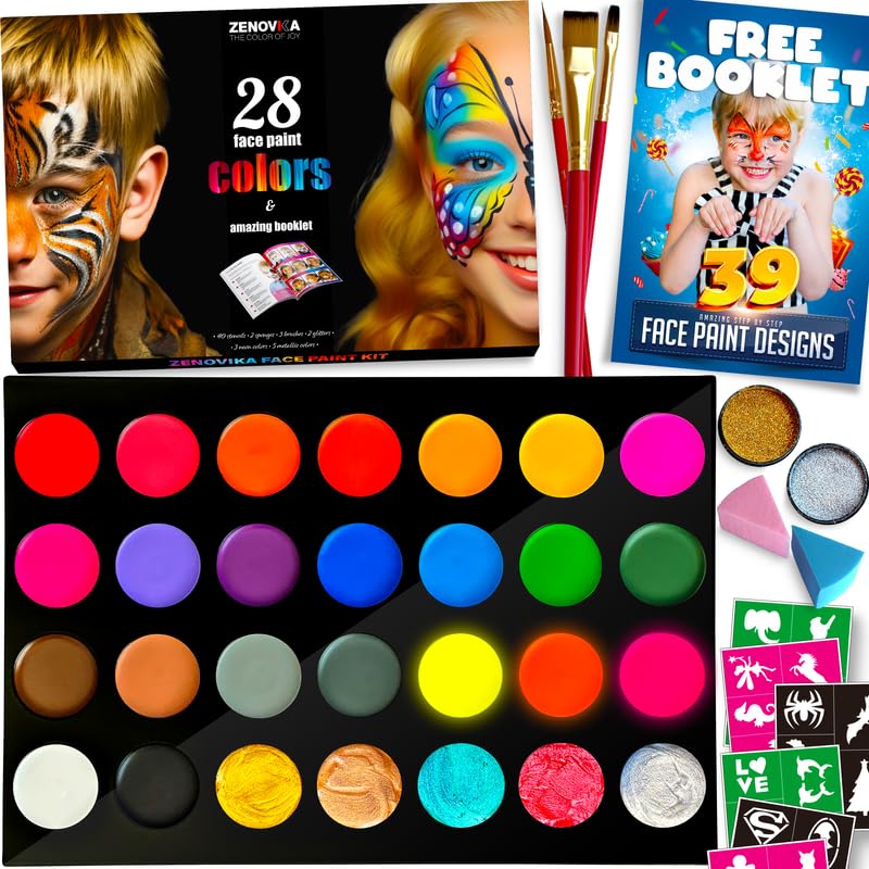 Zenovika Face Painting Kit for Kids - Non-Toxic and Hypoallergenic Face Paint Kit with 28 Colors, Stencils, Book, and Professional Halloween Makeup Kit - Safe and Easy to Use Face Paint Kit for Kids