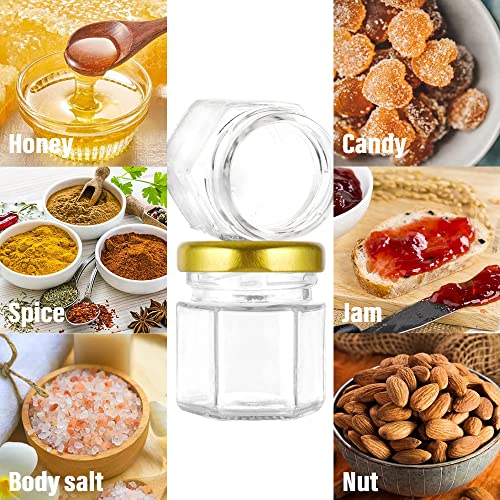 GIVAMEIHF Mini Glass Honey jars-1.5 oz, 20 pcs Hexagon Honey Jars with Wooden Dipper, Gold Lid, Bee Pendant, Rope-12m Mini Honey Jars with Lids, Perfect for Baby Shower, Wedding Favors, Party Favors