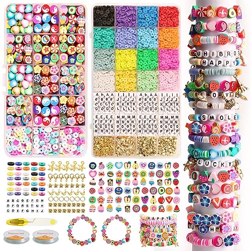 UHIBROS 7230pcs Polymer Clay Beads for Jewelry Making Letter Beads and 13 Styles Mixed Flower Face Trendy Beads, DIY Arts and Crafts Kit for Girls Ages 8-12