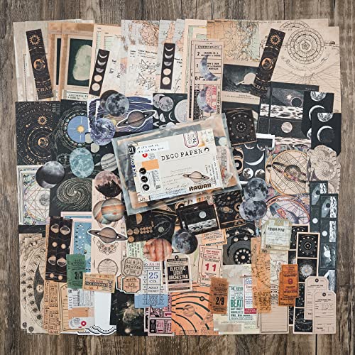 Knaid Vintage Scrapbook Supplies Pack (200 Pieces) for Witchy Junk Journal Bullet Journals Planners Space Moon Paper Stickers Craft Kits Collage (Celestial)