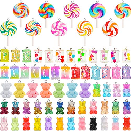 Hicarer Colorful Candy Pendant Charm for Jewelry Making Cute Gummy Bear Lollipops Polymer Clay Resin Charms for DIY Keychain Necklace Bracelet Earring Craft, 70 Pieces
