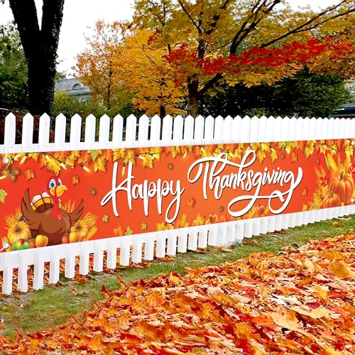 KatchOn, Happy Thanksgiving Banner Outdoor - Xtralarge 120x20 Inch | Thanksgiving Fence Banner for Thanksgiving Banner Decorations | Thanksgiving Banners for Outside for Thanksgiving Yard Decorations