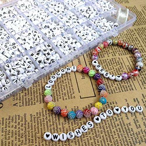 Amaney 1400 Pieces Letter Beads A-Z and Elastic Line Heart Beads 4x7mm White Round Acrylic Alphabet for Jewelry Making Bracelets Necklaces Key Chains