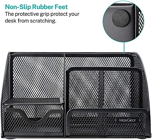 MaxGear Mesh Office Desktop Organizer with Drawer, Metal Stationary Black Desk Caddy, 6 Compartments, 8.7 x 5.5 x 5 inch, 1 Pack